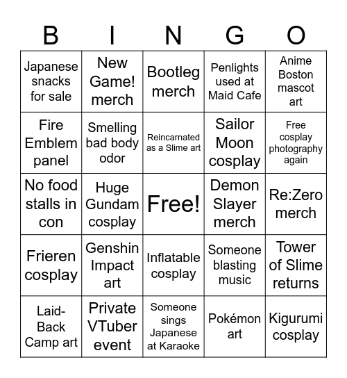 Anime Boston 2025 Bingo Card