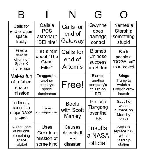 Elon space bingo Card