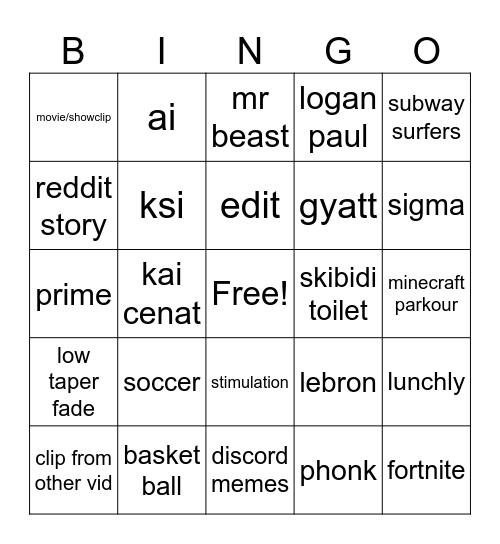 brain rot youtube shorts Bingo Card