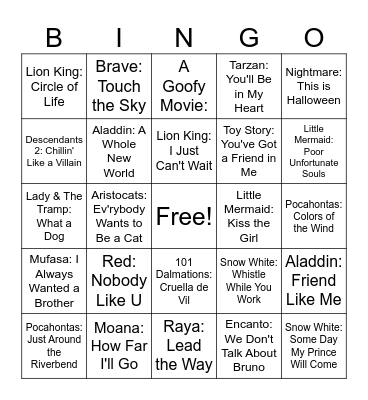 Disney Music Bingo Card