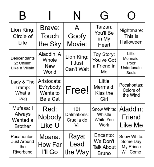 Disney Music Bingo Card