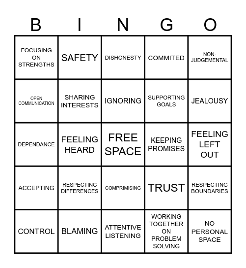 HEALTHY RELATIONSHIP BINGO Card