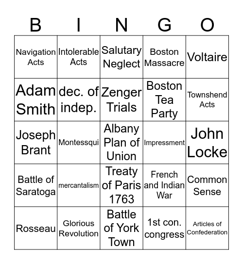 Unit 2 Bingo Card