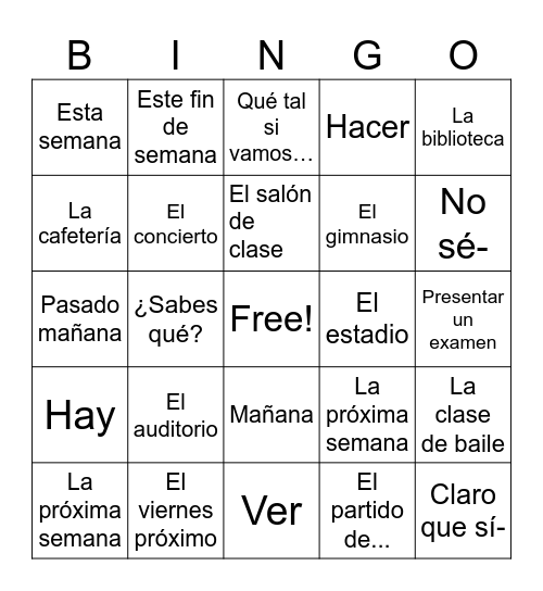 Spanish Bingo Card