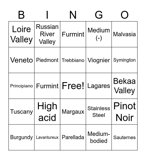 Wine Bingo Card