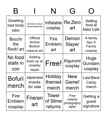 Anime Boston 2025 Bingo Card