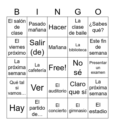 Spanish Vocab Bingo Card