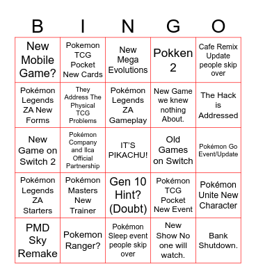 Pokémon Presents 2025 Bingo Card