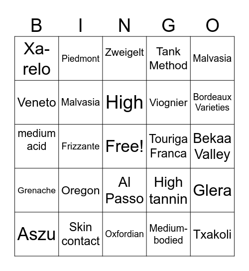 Wine Bingo Card