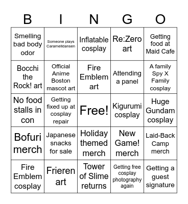Anime Boston 2025 Bingo Card