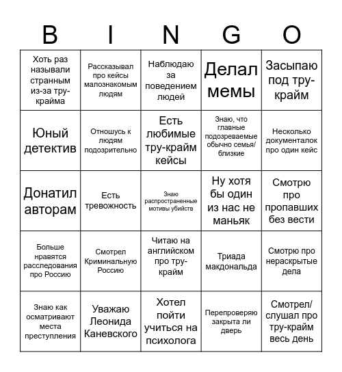 True crime Bingo Card