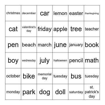 Roll-a-Proper-Noun! Bingo Card
