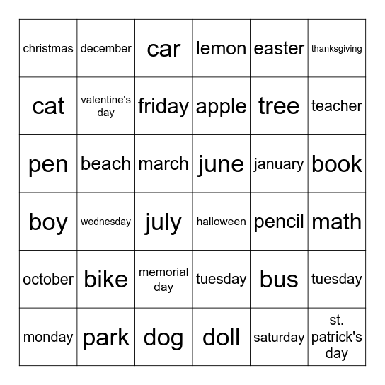 Roll-a-Proper-Noun! Bingo Card
