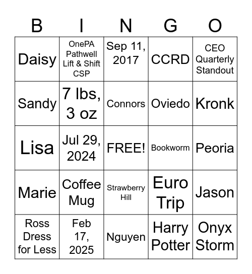 In Honor of Lisa! Bingo Card