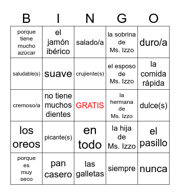 Ch. 8-2--Dictado Pasillo (Describir comida)🍔 Bingo Card