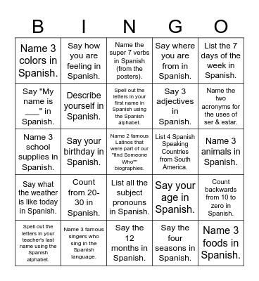 Spanish- Speaking Interpersonal Bingo Card