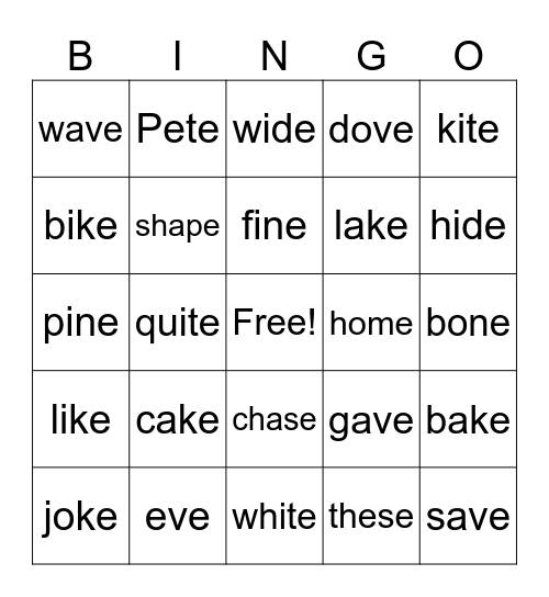 Magic E Bingo Card