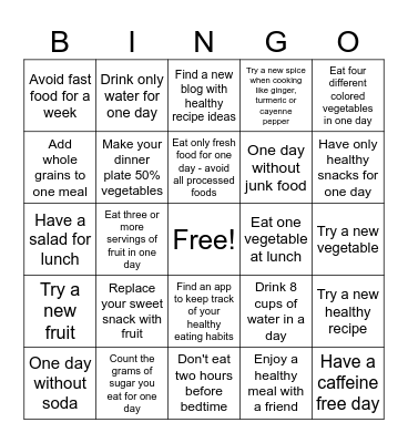 Healthy Eating Bingo Card