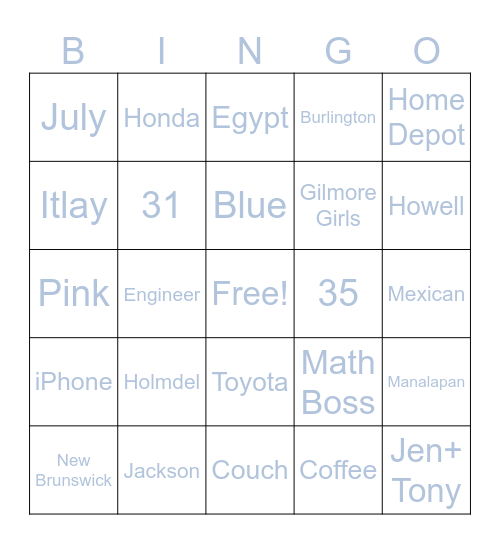 Mary Jo's Bridal Bingo Card