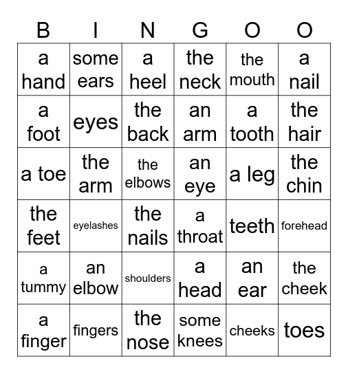Parts of the body French Bingo Card