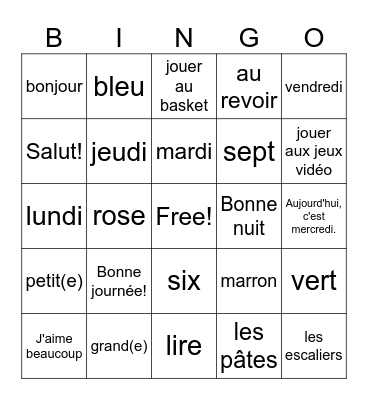 Français de base (Basic French) Bingo Card