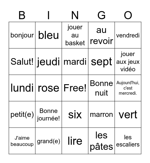 Français de base (Basic French) Bingo Card