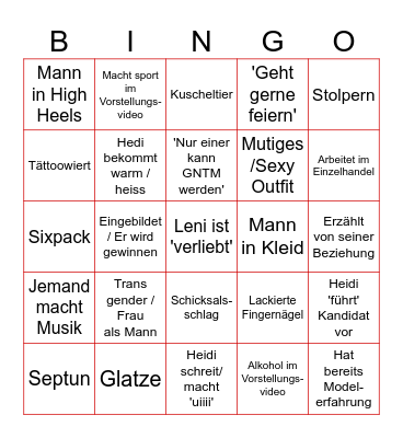 GNTM Männer Bingo Card
