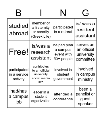 Student Leadership Bingo Card