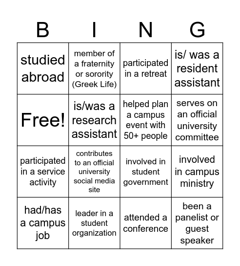 Student Leadership Bingo Card