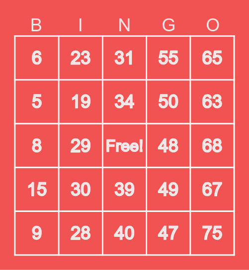 Number Bingo 1-75 Bingo Card