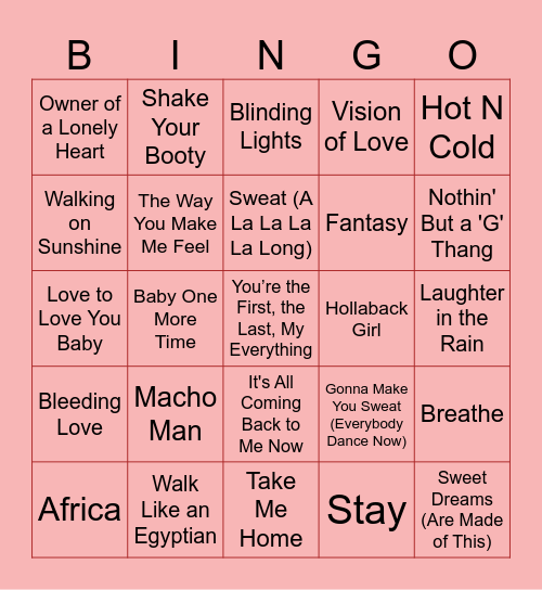 February Top Hits (70’s-Now) Bingo Card