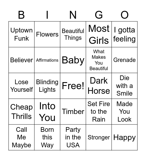 Pop Songs Bingo Card