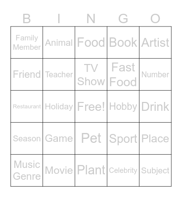 Favorites Bingo Card