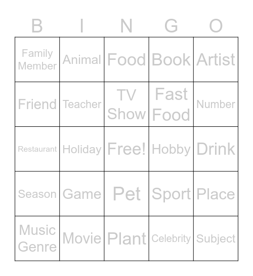 Favorites Bingo Card