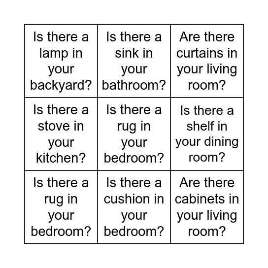 Objects of the house Bingo Card