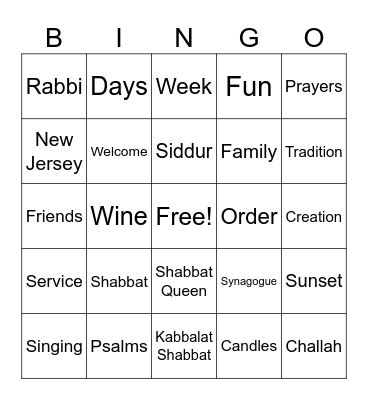 Kabbalat Shabbat Bingo Card
