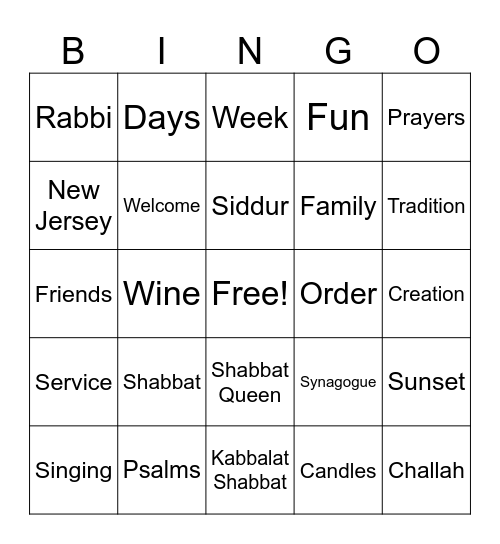Kabbalat Shabbat Bingo Card