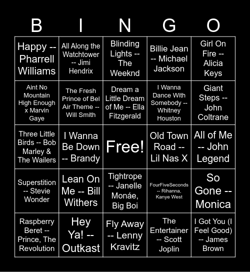 Black Artist Bingo Card