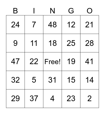 Addition 1-51 Bingo Card