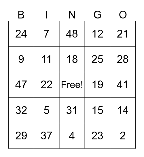 Addition 1-51 Bingo Card