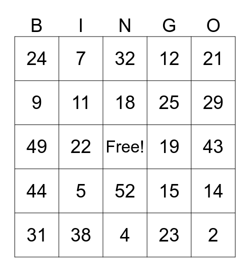 Addition 1-53 Bingo Card