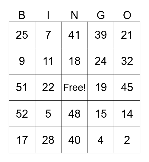 Addition 1-55 Bingo Card