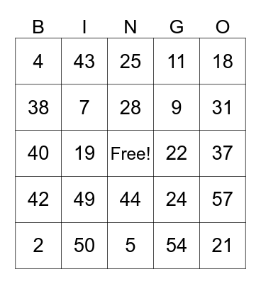 Addition 1- Bingo Card