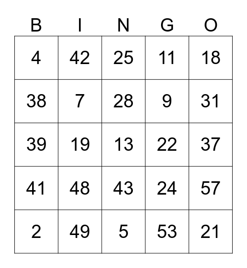 Addition 1-58 Bingo Card