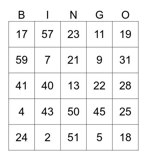 Addition 1-60 Bingo Card