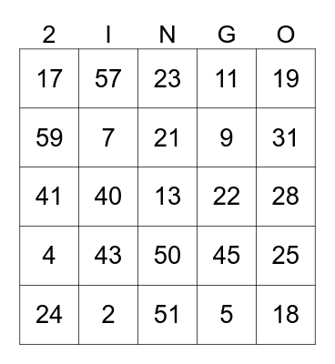 Addition 1-60 Bingo Card