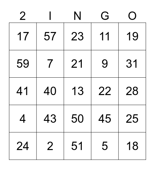 Addition 1-60 Bingo Card