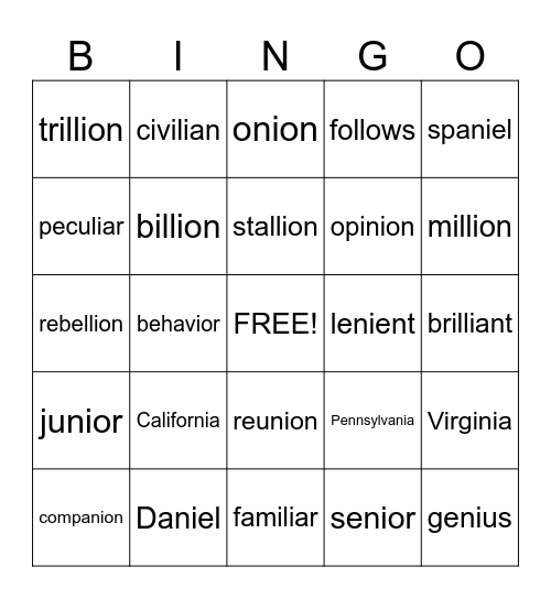 11.3 Wilson Reading System Bingo Card
