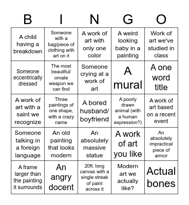Art Museum Trip Bingo Card