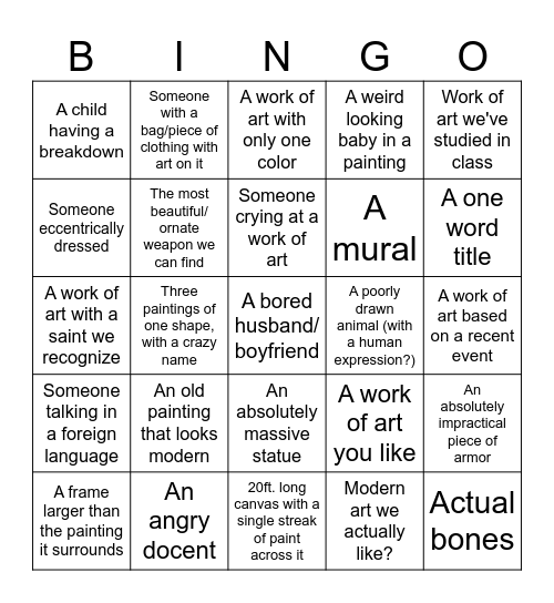 Art Museum Trip Bingo Card